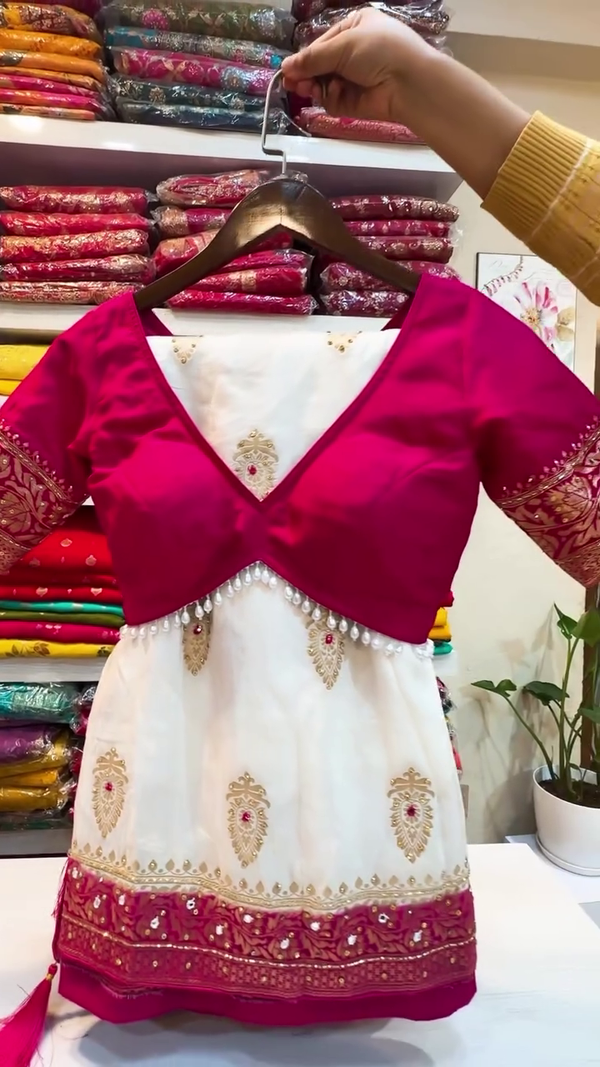 Off-White and Rani Pink Embroidered Lehenga Choli Set