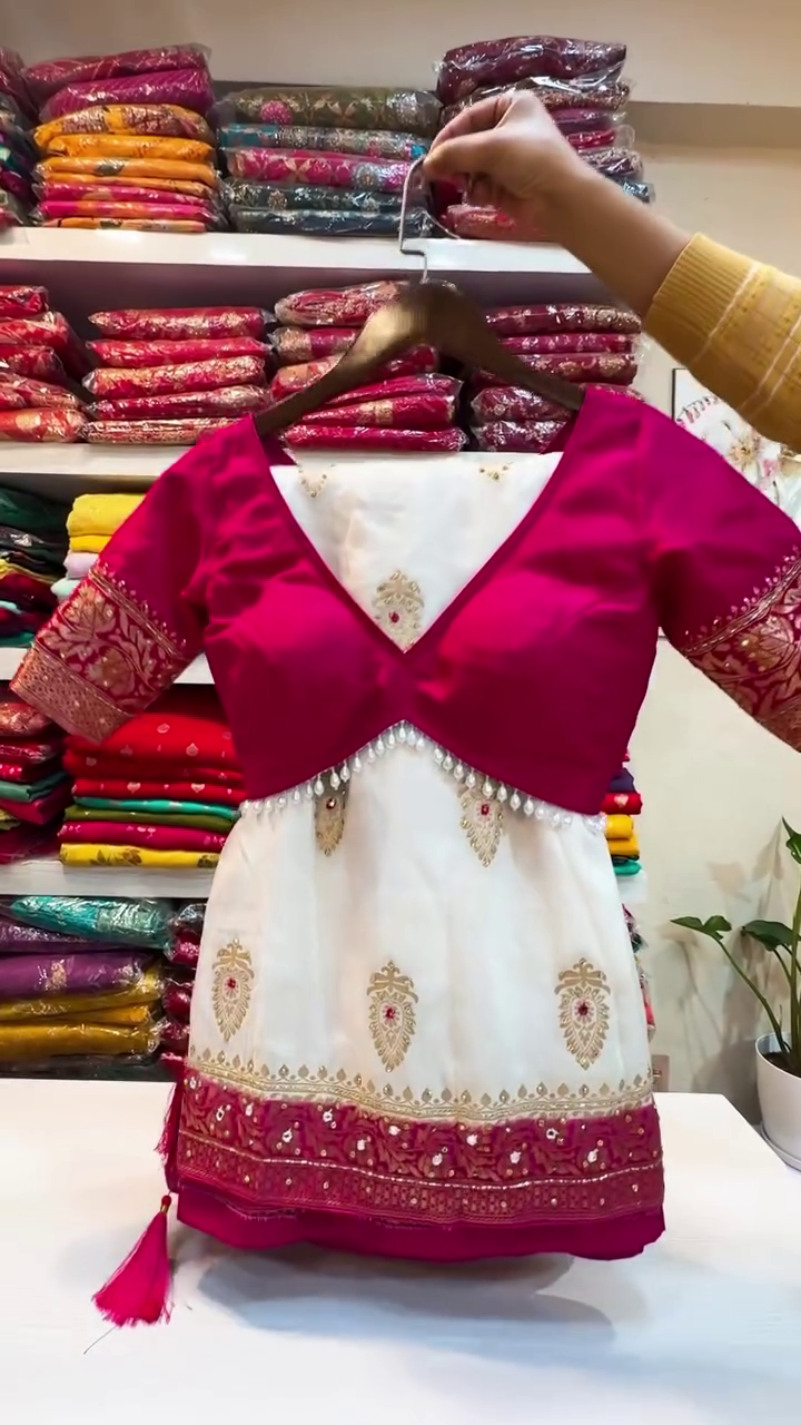 Off-White and Rani Pink Embroidered Lehenga Choli Set